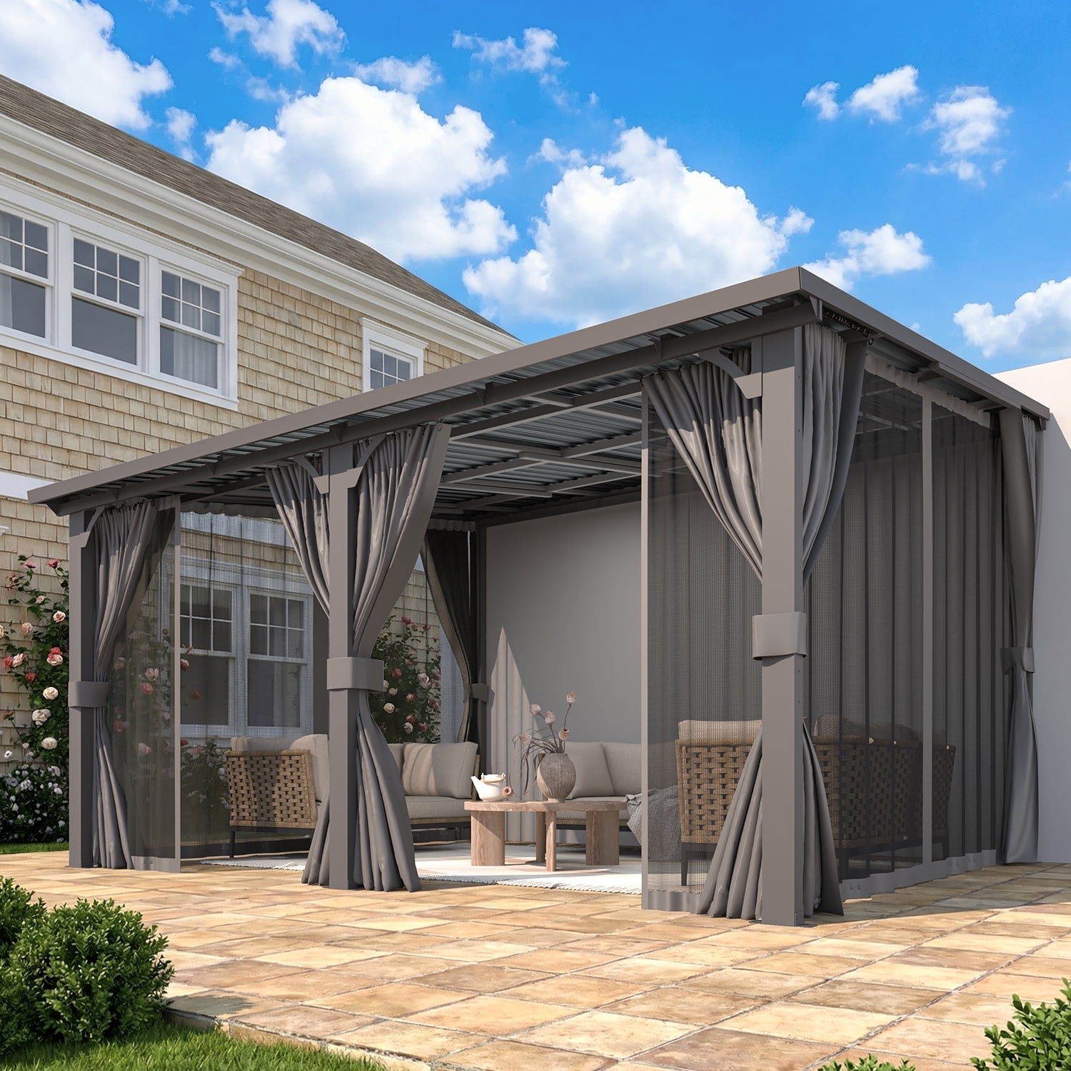 AECOJOY 14' x 12' Hardtop Patio Gazebo with Curtains and Netting, Wall Mounted Heavy Duty Outdoor Pergola on Clearance with Galvanized Steel Roof, Waterproof Metal Grill Gazebo for Backyard