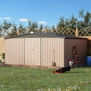 AECOJOY 14 x 12 Outdoor Storage Shed with Lockable Door Patio Metal Garden Storage Building in Brown for Outside