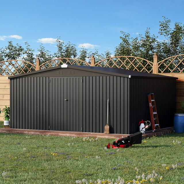 AECOJOY 14' x 12' Outdoor Storage Shed with Lockable Door Patio Metal Garden Storage Building in Dark Gray for Outside