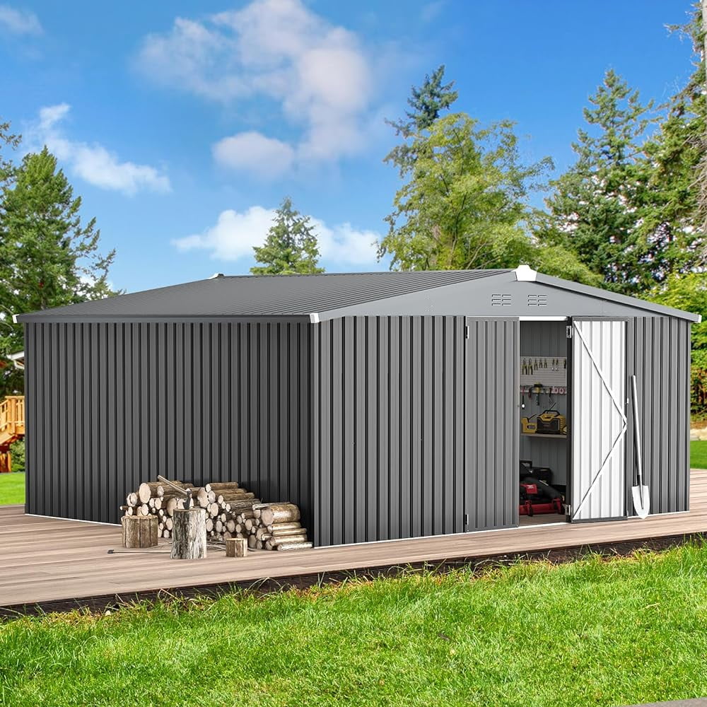 Dark Gray 14' x 12' Metal Outdoor Storage Shed with Lockable Doors