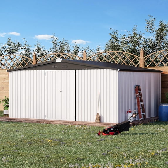 AECOJOY 14' x 12' Outdoor Storage Shed with Lockable Door Patio Metal Garden Storage Building in White for Outside