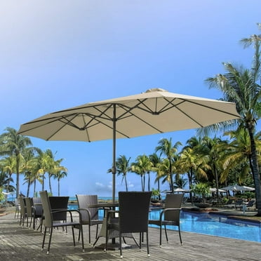 AECOJOY 15 Ft Patio Double Sided Umbrella Large Outdoor Umbrella - Beige