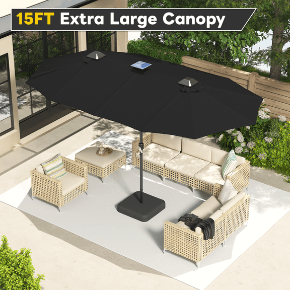 AECOJOY  15 x 9 ft Rectangular Double-Sided Patio Umbrella, 360 Solar Lights with Included Base, 1.9" Pole,Black