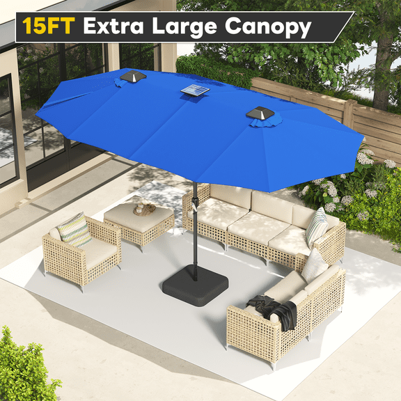 AECOJOY  15 x 9 ft Rectangular Double-Sided Patio Umbrella, 360° Solar Lights with Included Base, 1.9" Pole,Dark Blue