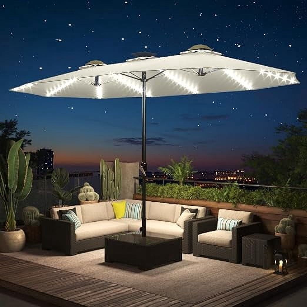 AECOJOY 15ft Patio Umbrella with Solar Lights, Large Double Umbrella Outdoor Patio, Rectangle TableUmbrella with 156 PCS LED Lights and Crank Handle for Backyard Deck Pool Shade in Beige