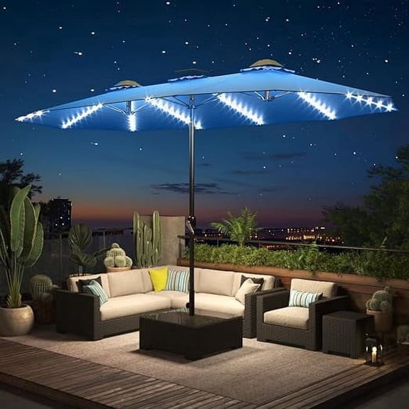 AECOJOY 15ft Patio Umbrella with Solar Lights, Large Double Umbrella Outdoor Patio, Rectangle TableUmbrella with 156 PCS LED Lights and Crank Handle for Backyard Deck Pool Shade in Blue