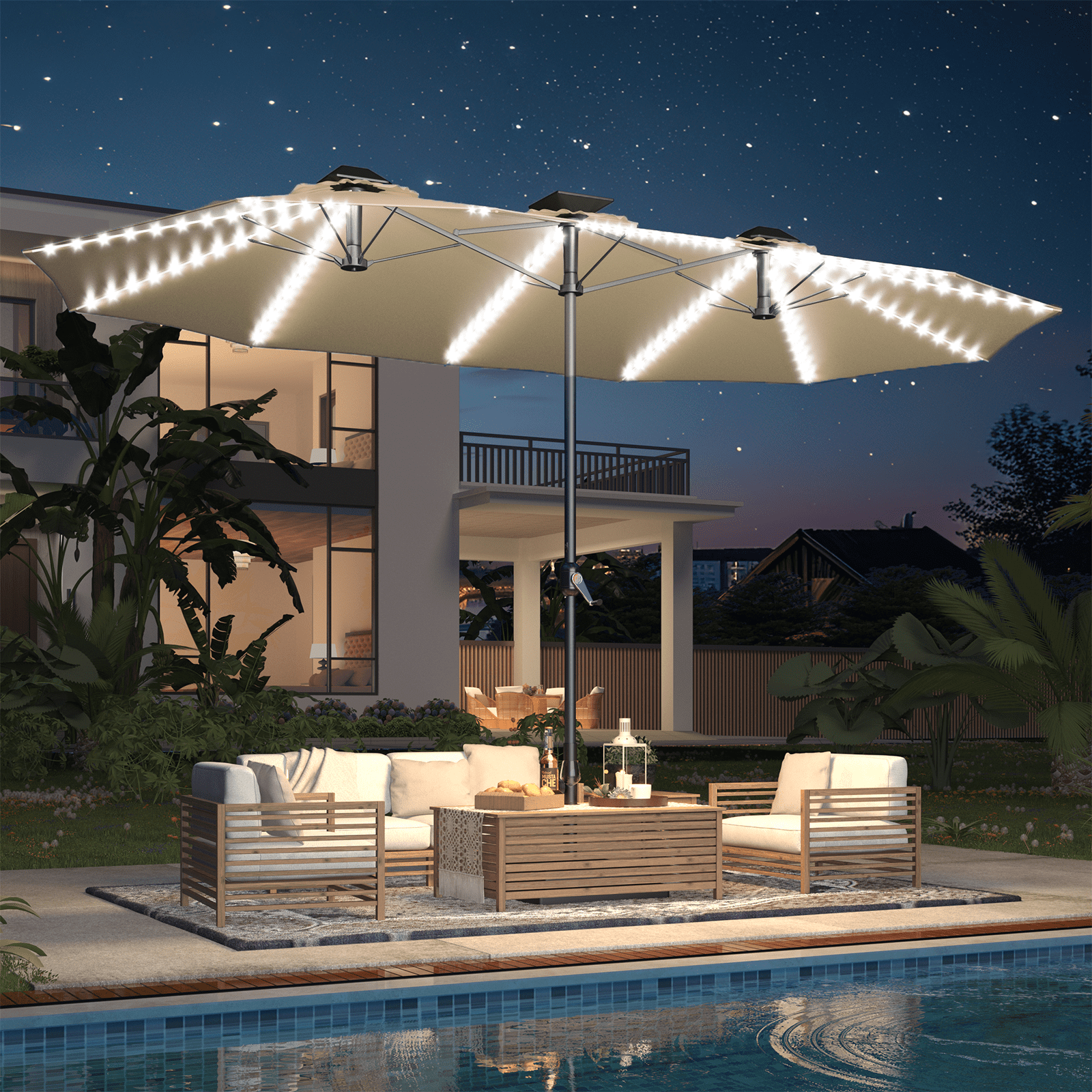 Teletech Umrella AECOJOY 15ft Patio Umbrella with Solar Lights,Outdoor Large Double ...