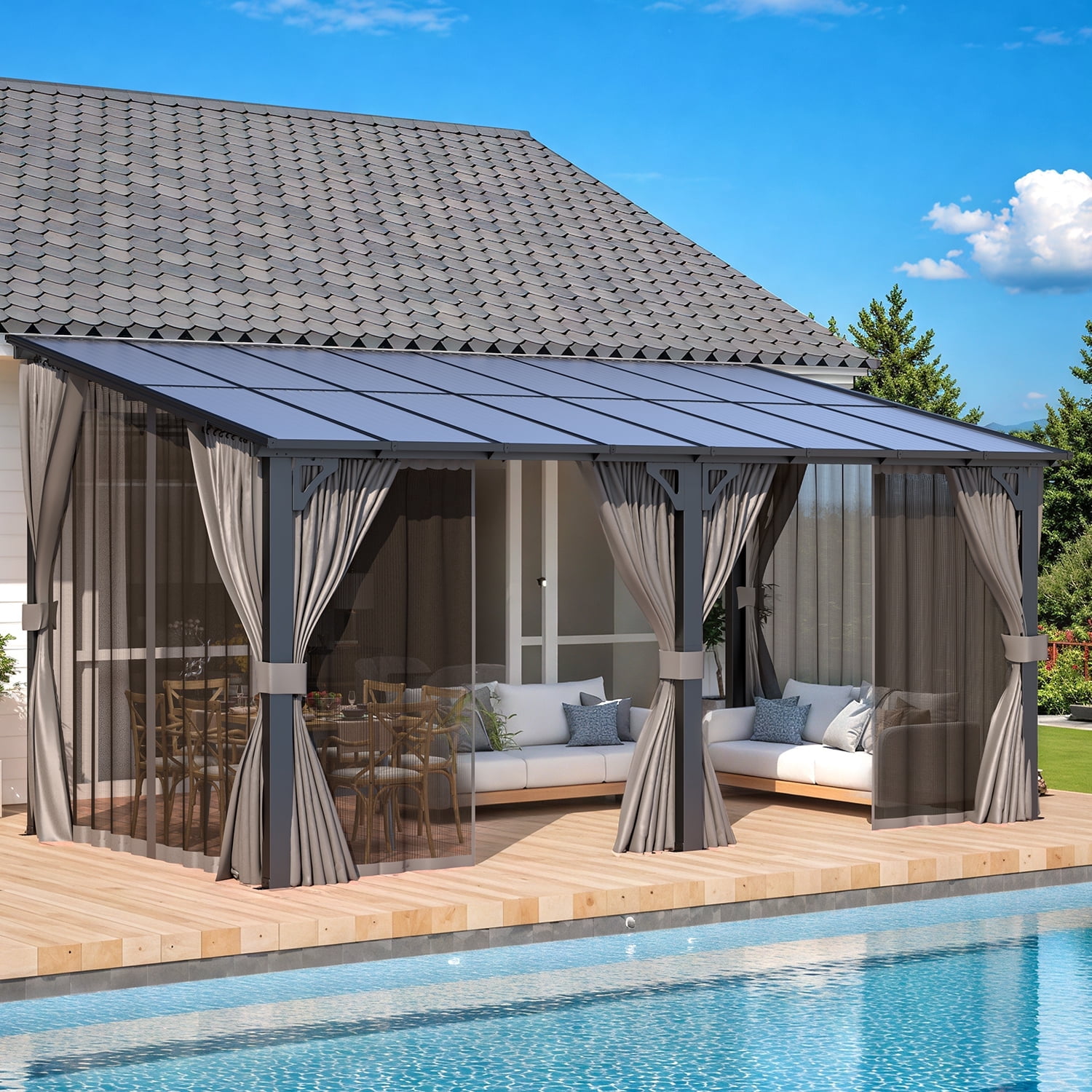 AECOJOY, Gazebo, 16'x8' Outdoor Hardtop with Mosquito Net, Patio