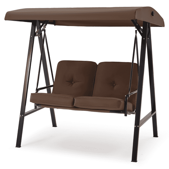 AECOJOY 2 Persons Outdoor Patio Canopy Steel Porch Swing Chair-Brown