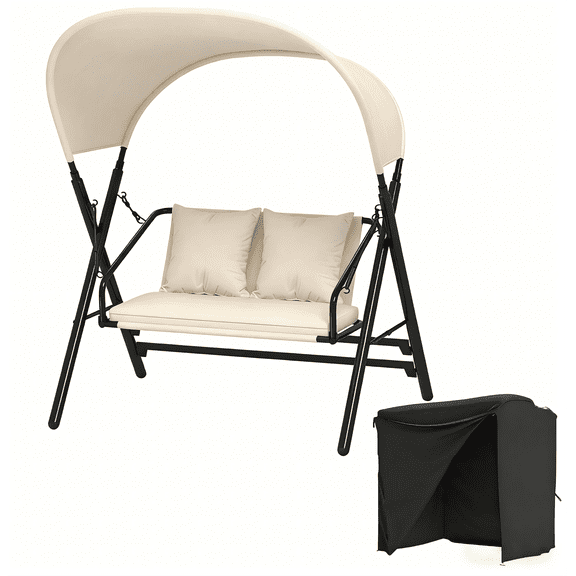 AECOJOY Outdoor 2-Seat Patio Swing Chair with Weather Cover, Adjustable Canopy & Removable Cushion, Porch Swing Bench for Adults, Beige