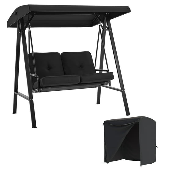 AECOJOY 2 Persons Outdoor Patio Canopy Steel Porch Swing Chair with Cover, Black