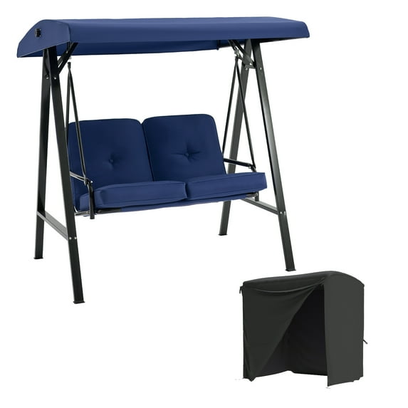 AECOJOY 2 Persons Outdoor Patio Canopy Steel Porch Swing Chair with Cover, Dark Blue