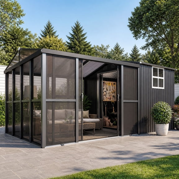 AECOJOY 2-in-1 10 x 10 ft Sunroom and 6 x 10 ft Storage Shed, Black