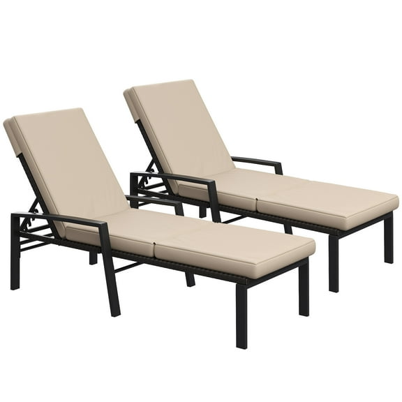 AECOJOY 2PCS Patio Rattan Lounge Chair Chaise Recliner Back Adjustable Cushioned Beige
