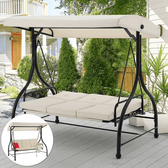AECOJOY 3 Person Canopy Steel Porch Swing, Converting Swing Glider Hammock-Beige