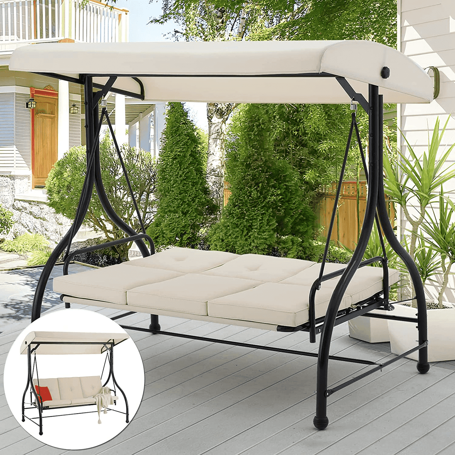AECOJOY, 3 Person Canopy Steel Porch Swing, Beige with Thick Cushions
