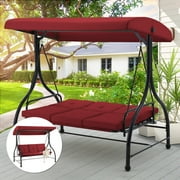 AECOJOY 3 Person Canopy Steel Porch Swing, Converting Swing Glider Hammock-Red