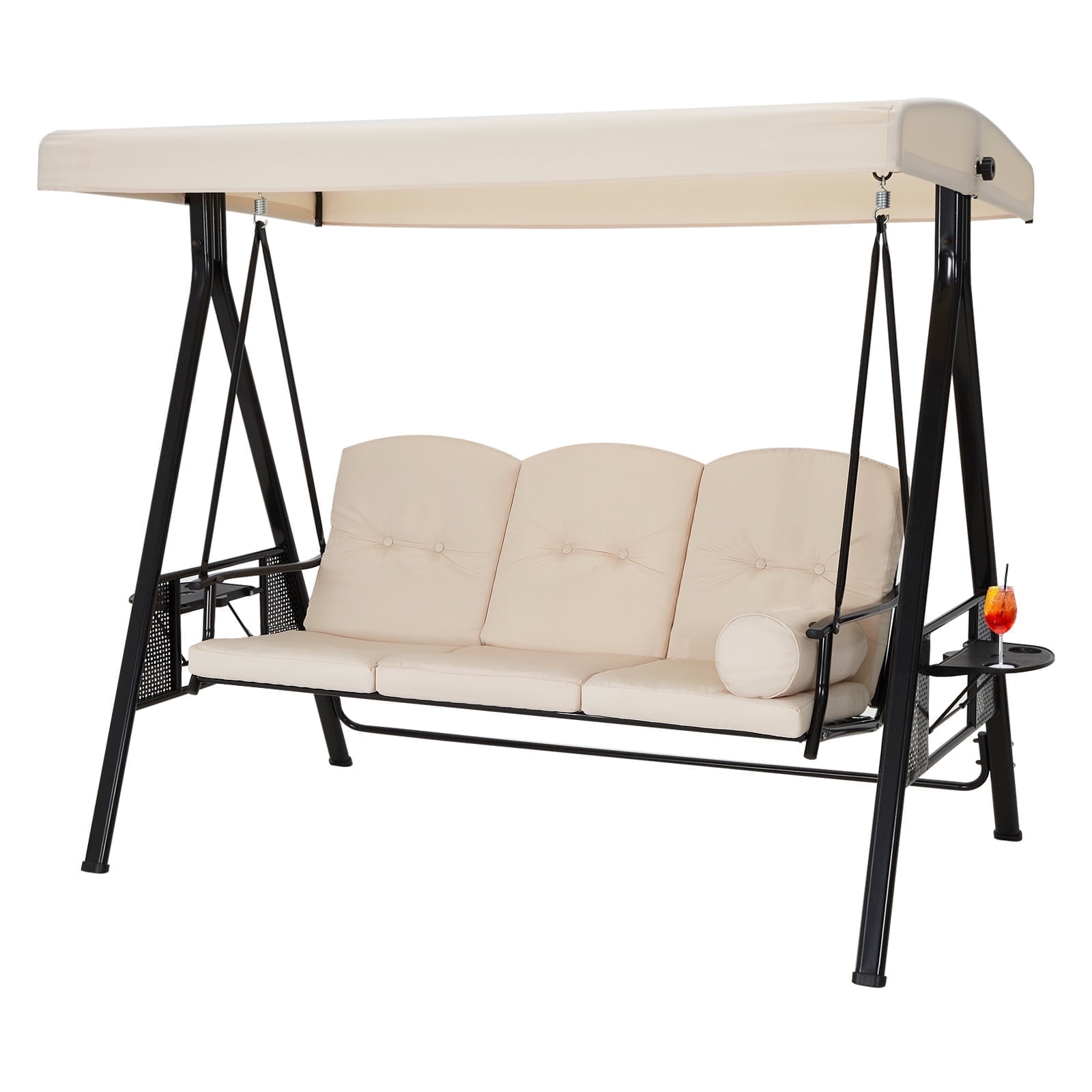 AECOJOY 3-Seat Metal Garden Porch Swing Chair with Canopy for Adults-Beige, Backyard Furniture