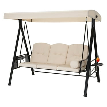 AECOJOY 3 Persons Outdoor Patio Canopy Steel Porch Swing Chair-Beige, Porch Swing