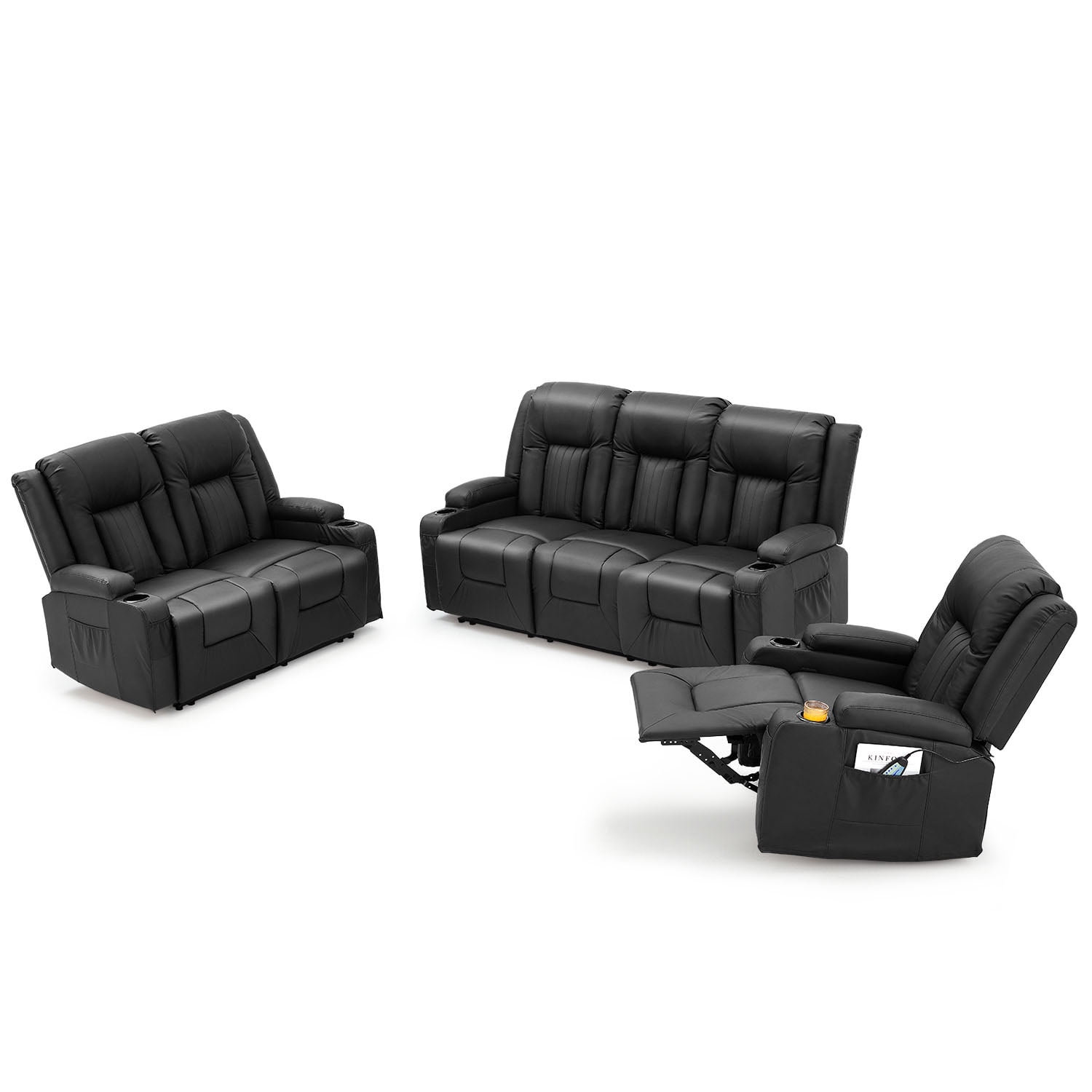 AECOJOY 3 Pieces Leather Recliner Sofa Set with Swivel Massage Chair