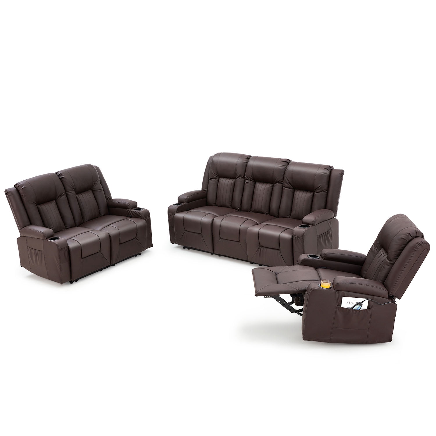 AECOJOY 3 Pieces Leather Recliner Sofa Set with Swivel Massage Chair ...