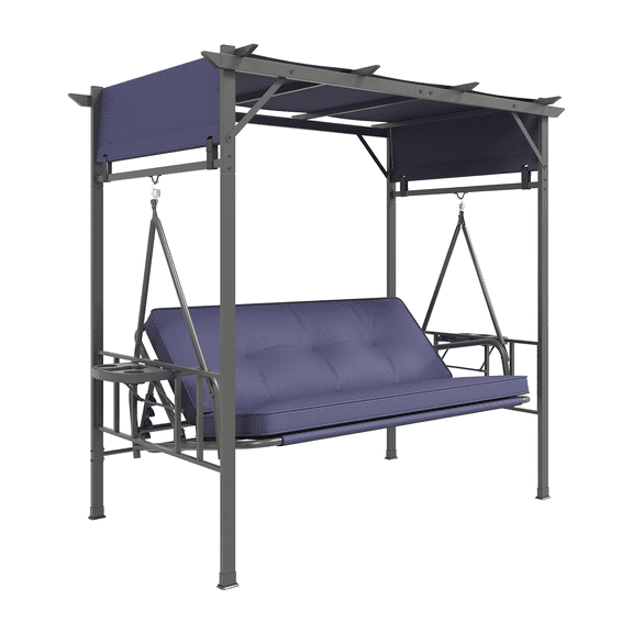 AECOJOY 3 Seat Porch Swing Bed, Outdoor Patio Metal Pergola Swing Bench with Hanging Cloud Hammock Chair, Garden Swinging Glider Arbour with Cup Holders (Dark Blue)