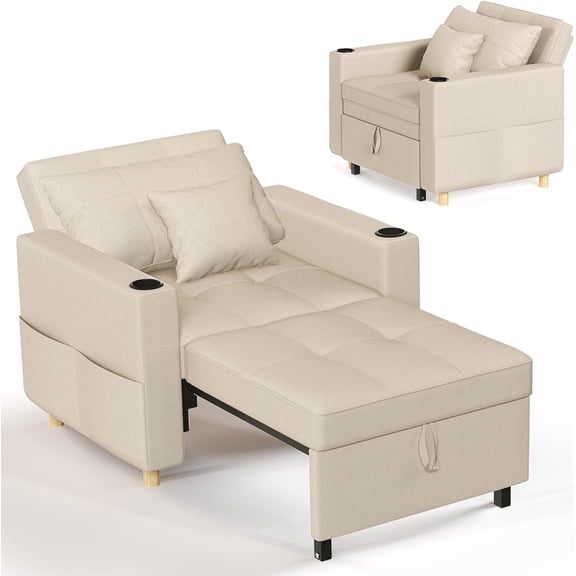 AECOJOY Sofa Bed, 38" Extra-Wide 3-in-1 Convertible Pull-Out Single Sofa with Adjustable Backrest and Cup Holder, Beige