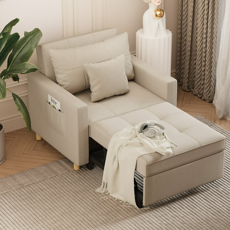 Aecojoy 3 in 1 Convertible Chair Bed Sleeper Futon Sofa Bed Chair with Adjustable Backrest and 2 Pillows Beige