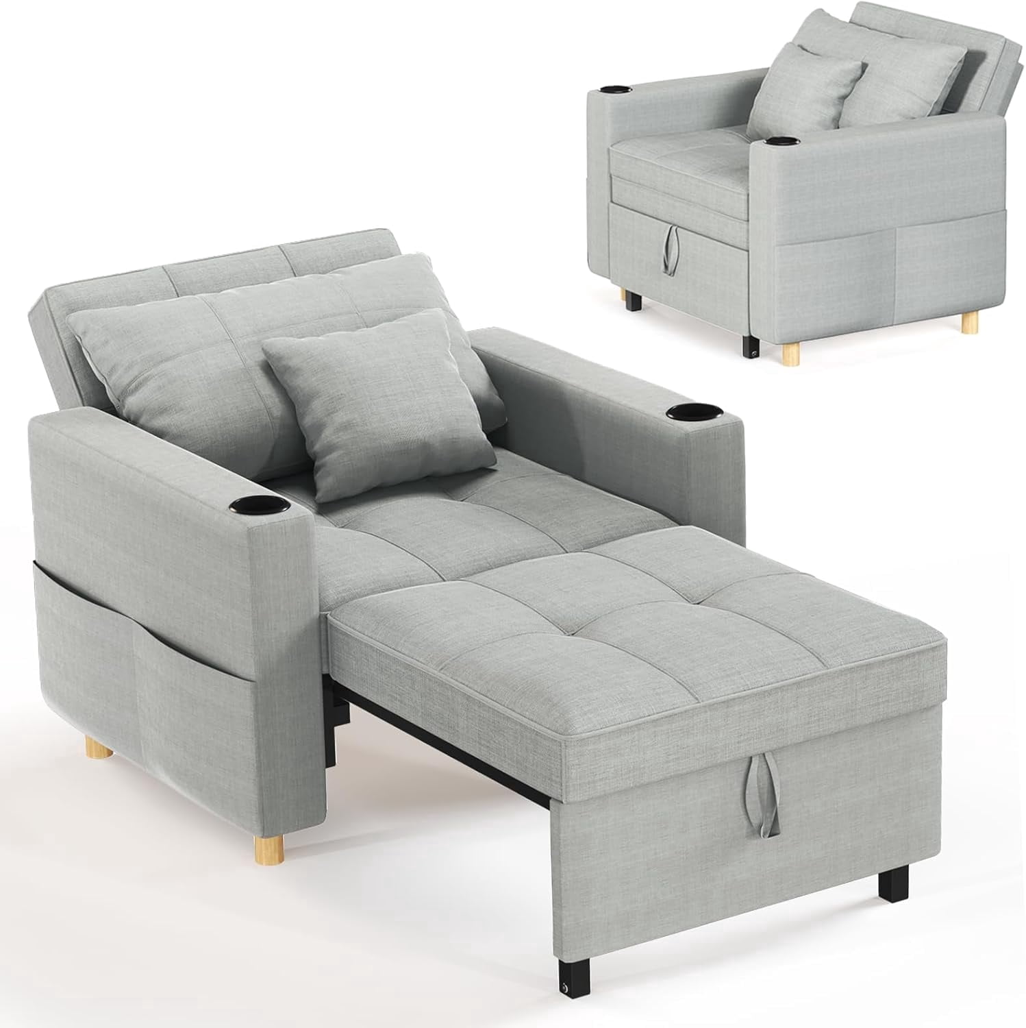 AECOJOY Sofa Bed, 38" Extra-Wide 3-in-1 Convertible Pull-Out Single Sofa with Adjustable Backrest and Cup Holder, Light Grey