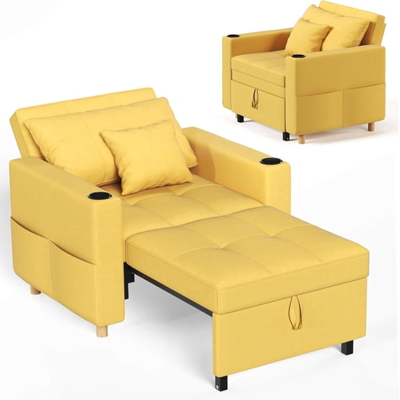 AECOJOY Sofa Bed, 38" Extra-Wide 3-in-1 Convertible Pull-Out Single Sofa with Adjustable Backrest and Cup Holder, Yellow