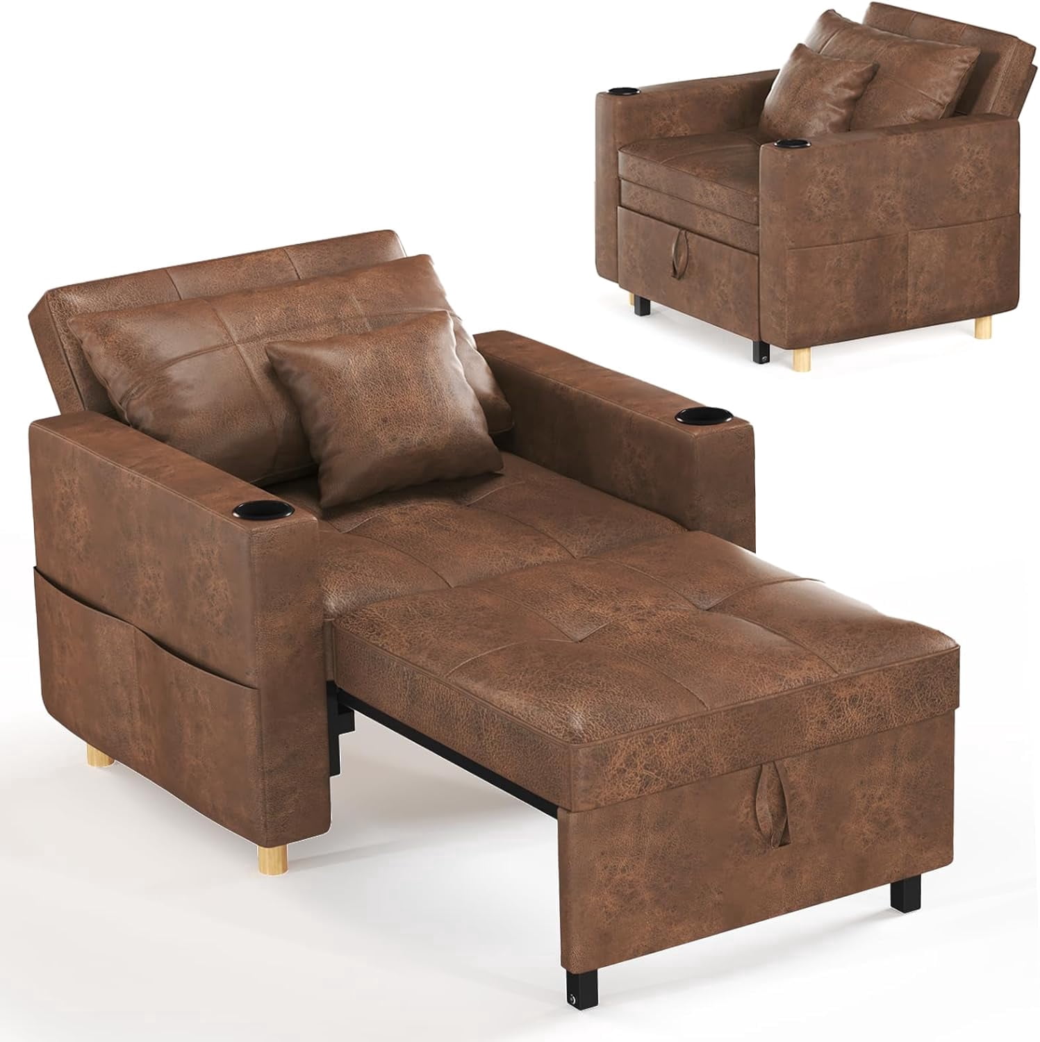 AECOJOY Sofa Bed, 38" Extra-Wide 3-in-1 Convertible Pull-Out Single Sofa with Adjustable Backrest and Cup Holder, Leather Saddle Brown