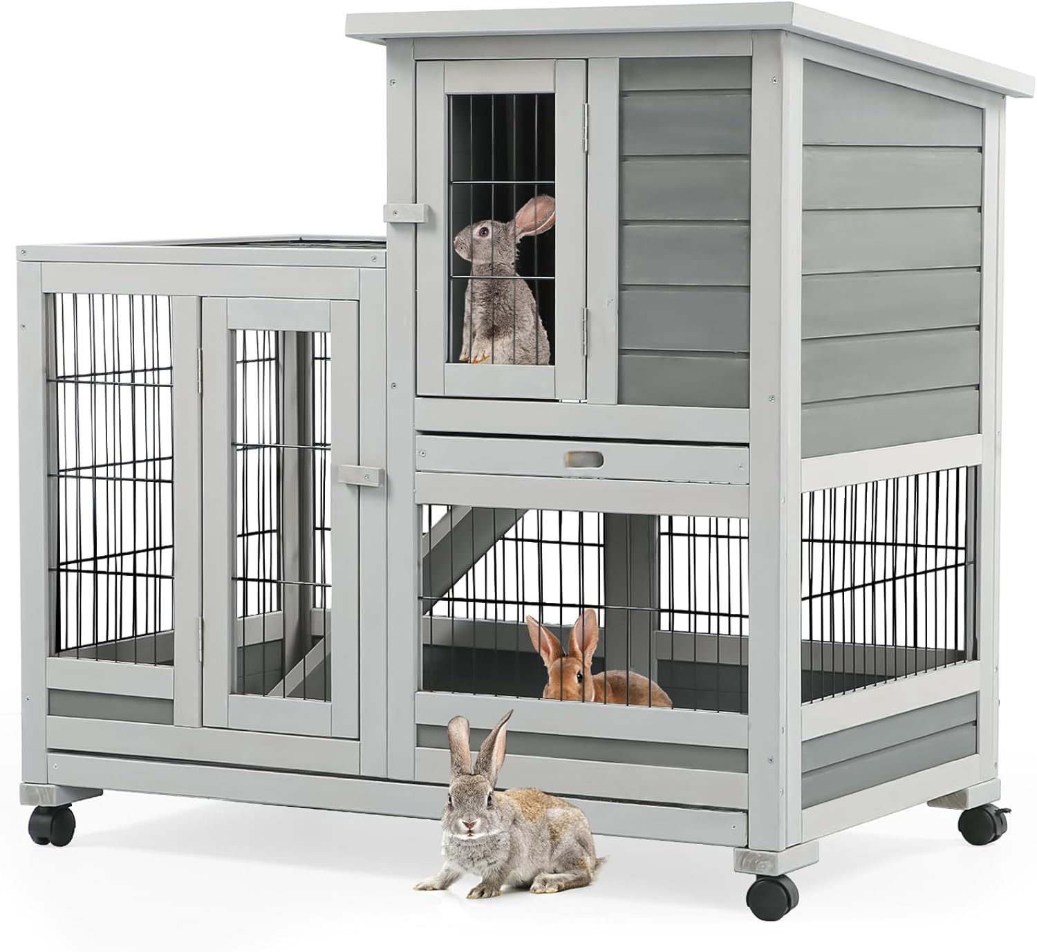 AECOJOY 37 Inch Indoor Rabbit Hutch with 2 Deeper No Leak Trays & 4