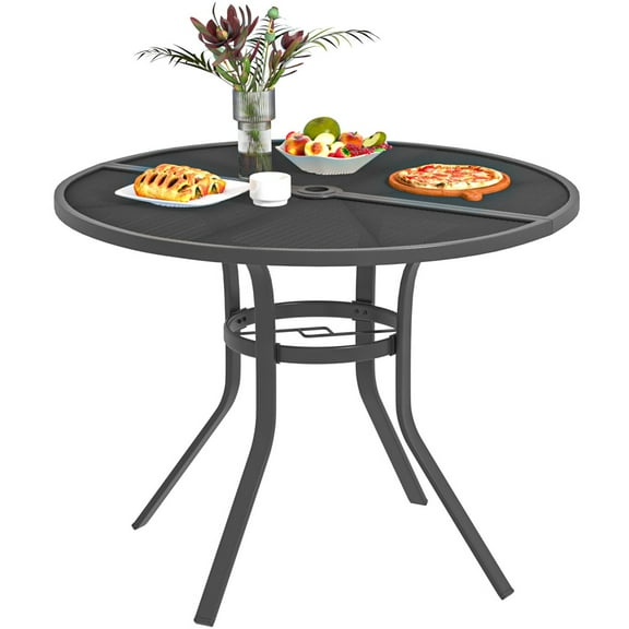 AECOJOY 37" Round Outdoor Dining Table, Metal Patio Table with Umbrella Hole-Black
