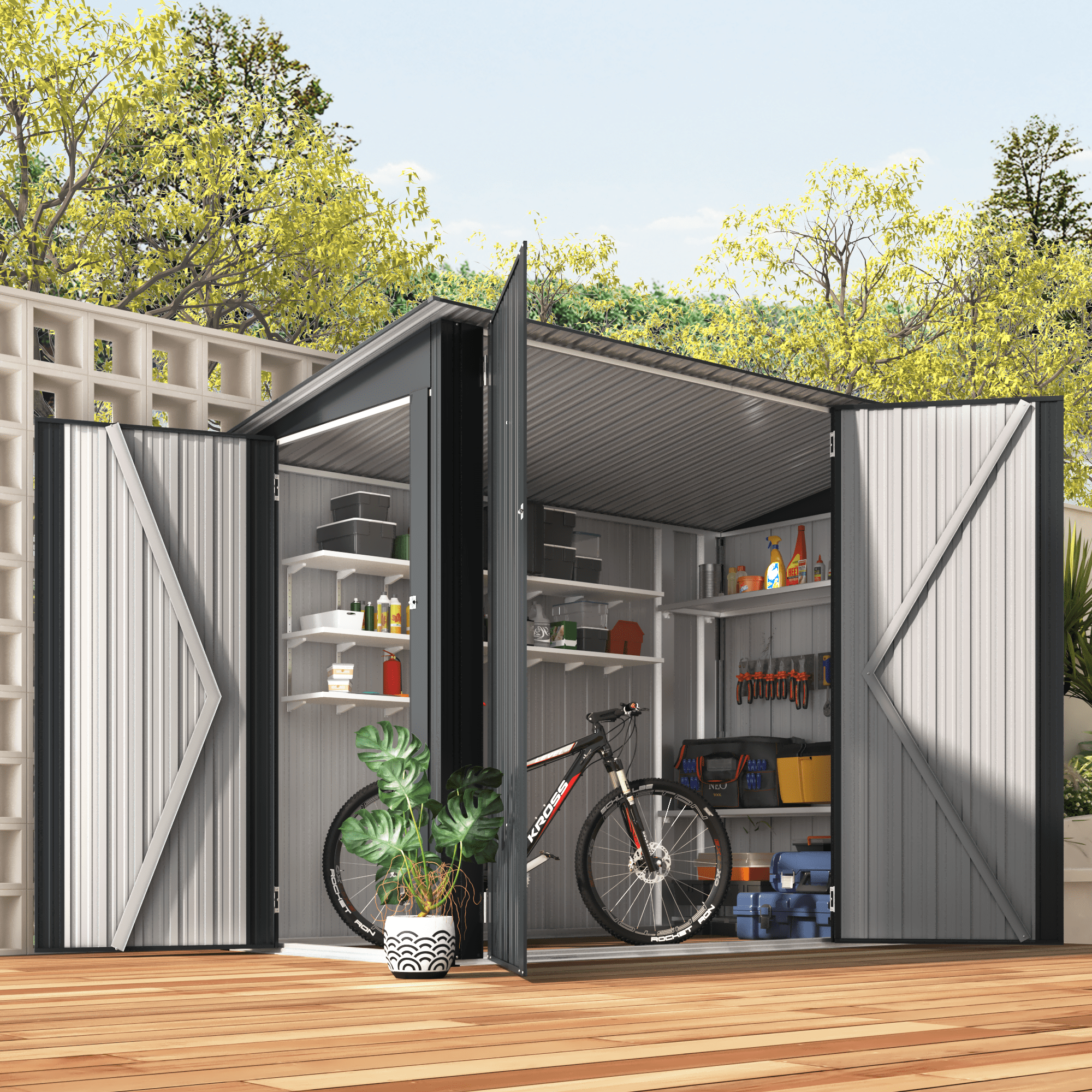 Gray Metal 4 x 7.5 ft Outdoor Storage Shed with Triple Door