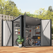 AECOJOY 4 x 7.5 ft Storage Shed with Triple Door, Metal Bike Shed Lean to Outdoor Storage Cabinet Building with Shelves for Garden
