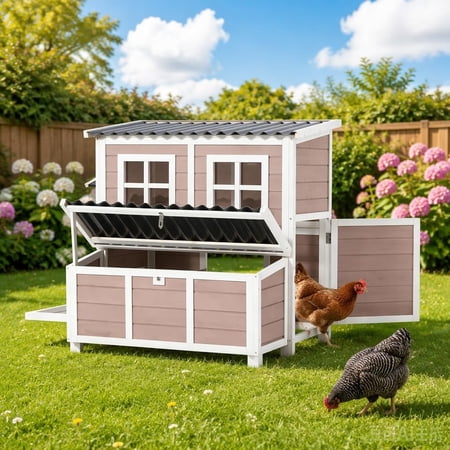 AECOJOY 40'' Large Wooden Chicken Coop with 3 Nesting Boxes, Outdoor Hen House Cage with Ramp and Removable,Brown