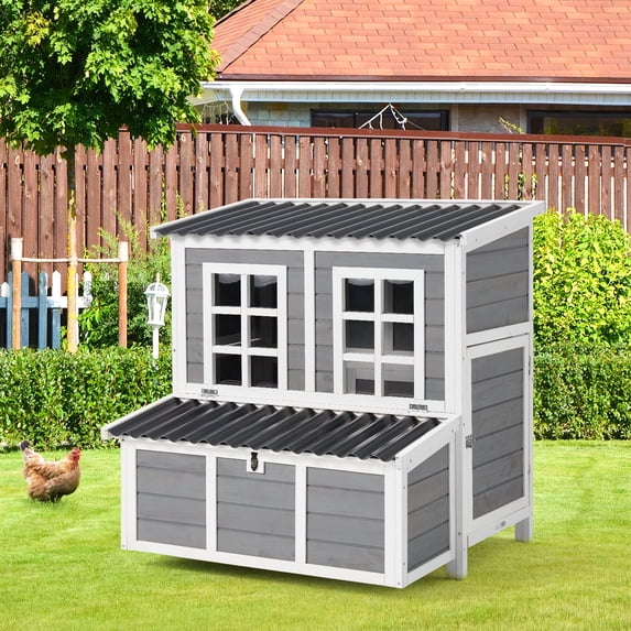 AECOJOY 40 in Large Wooden Chicken Coop with 3 Nesting Boxes, Gray Hen House Cage with Ramp