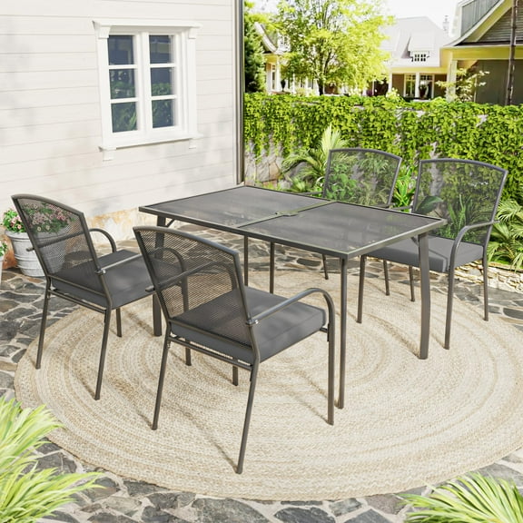 AECOJOY 5 Pcs Outdoor Patio Dining Set, Rectangle Table with Umbrella Hole and 4 Stackable Chairs, Dark Grey and Dark Grey Cushion