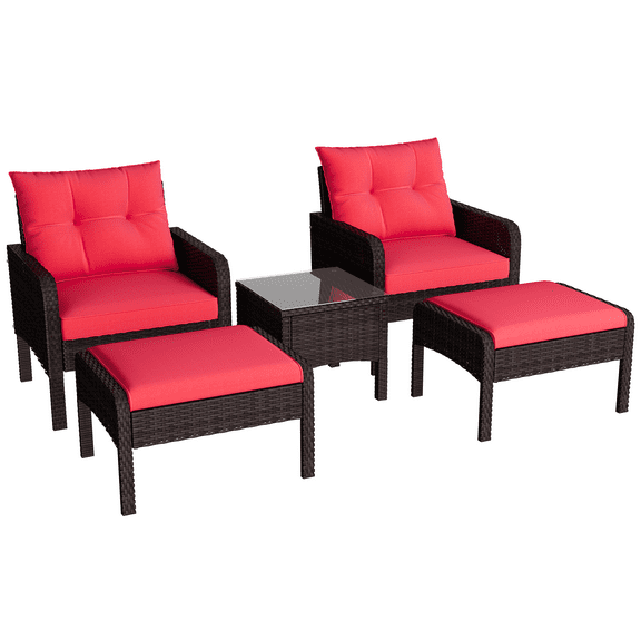 AECOJOY 5 Pieces Patio Furniture Set Rattan Wicker Chair Two with Ottoman Outdoor furniture sets in Red