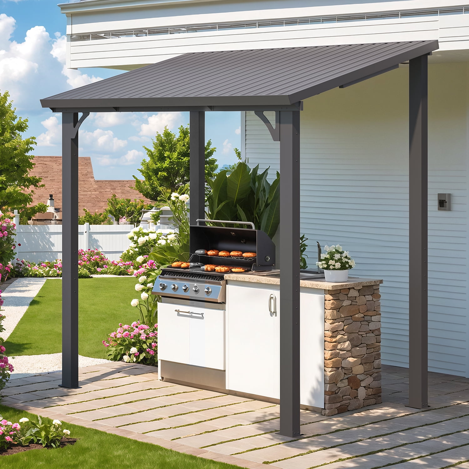 AECOJOY 5' x 8' Hardtop Gazebo, Heavy Duty Outdoor Gazebo with Galvanized Steel Sloping Roof, All Weatherproof Metal Gazebo Featuring Vertical Stripes for Patio, Backyard, and Lawns