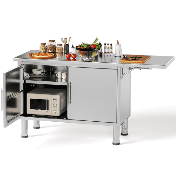 AECOJOY 57 in x 20 in Stainless Steel Kitchen Prep Table Workbench with Extend Panel and Adjustable Shelf, Silver