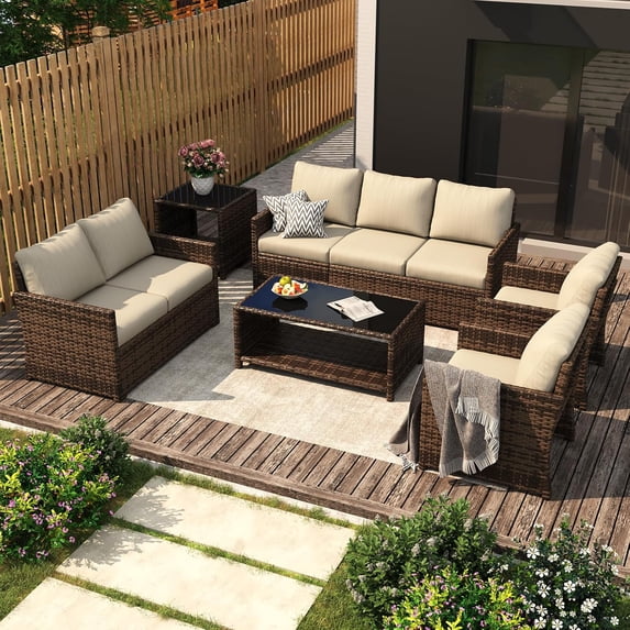 AECOJOY 6 Pieces Outdoor Furniture Set , Patio Rattan Wicker Sectional Sofa Conversation Set, Beige