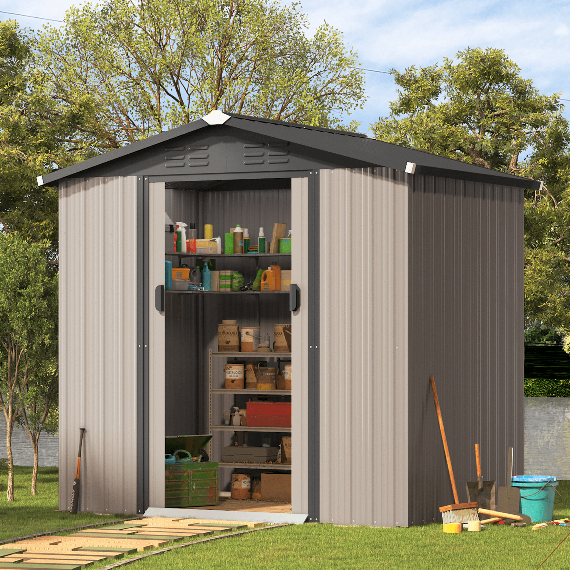 Metal Gray 6' x 4' Outdoor Storage Shed with Sliding Doors