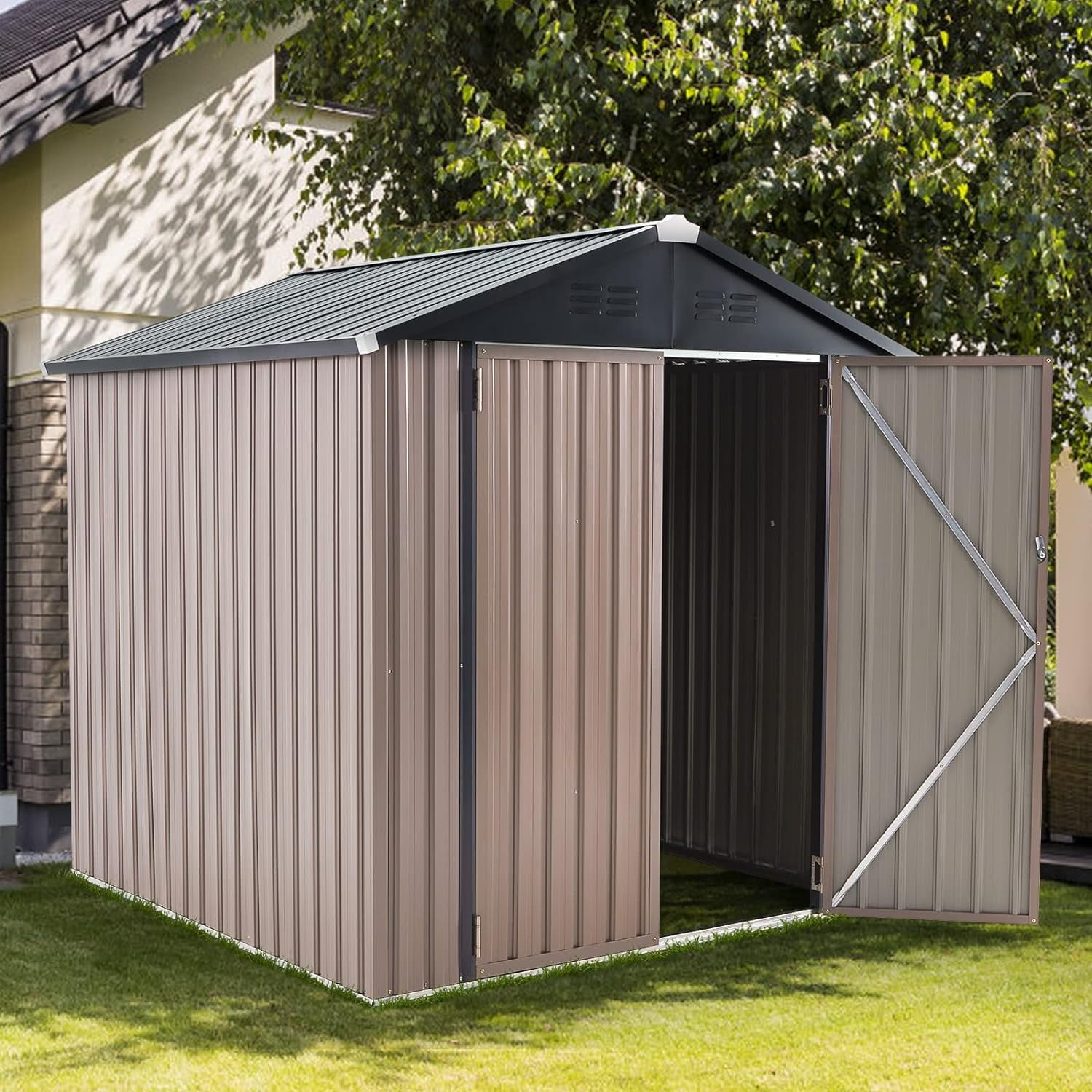 AECOJOY 6' x 6' Gray Metal Outdoor Storage Shed with Lockable Door