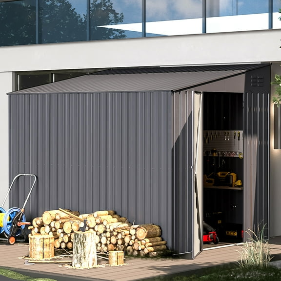 AECOJOY 6' x 8' Metal Storage Shed, Lean-to Design and Lockable Door for Garden, Dark Grey