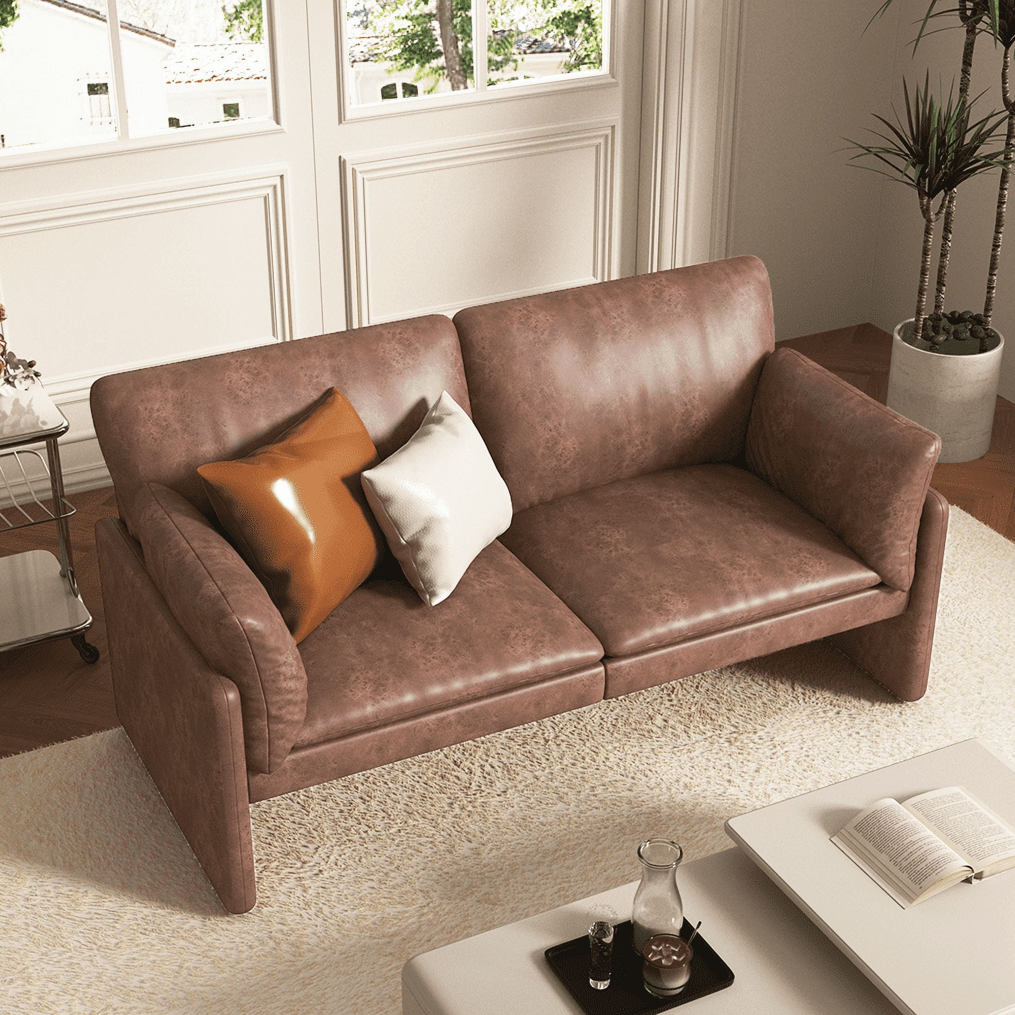 AECOJOY 68" Loveseat Sofa Couch for living room leather couch with Soft Cushions & Thick Armrests in Brown