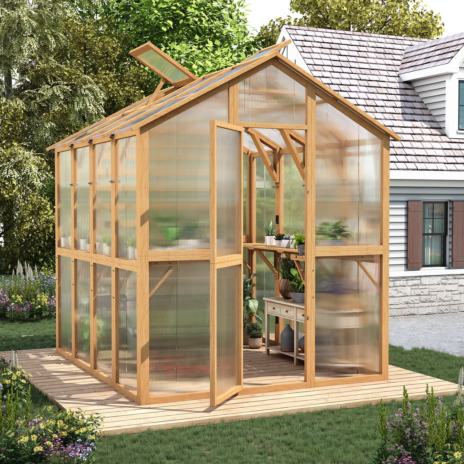 AECOJOY 6x7 FT Wooden Greenhouse For Outdoors,Walk-in Garden Greenhouse with Plant Stand with Polycarbonate Panels for Backyard or Patio