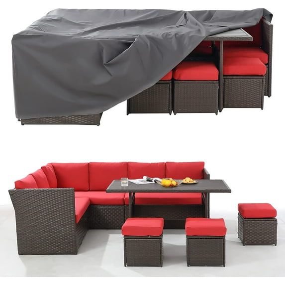 AECOJOY 7 Pcs Outdoor Rattan Sectional Sofa Couch with Dining Table and Protection Cover,Red&Beige