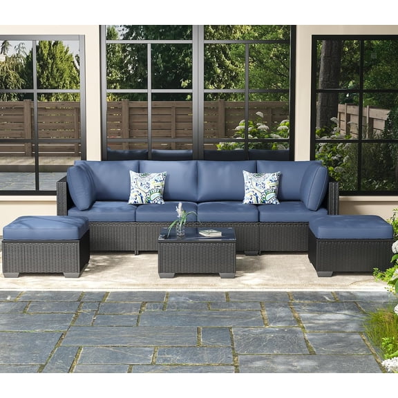 AECOJOY 7 Piece Outdoor Patio Furniture Set, Outdoor Sectional Conversation Furniture Chair with Coffee Table, Patio Sectional for Backyard, Garden(Navy Cushions and Black Rattan)