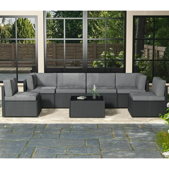 AECOJOY 7 Piece Outdoor Patio Furniture Set, Outdoor Sectional Conversation Furniture Chair with Coffee Table,Patio Sectional for Garden,Backyard(Grey Cushions and Black PE Rattan)